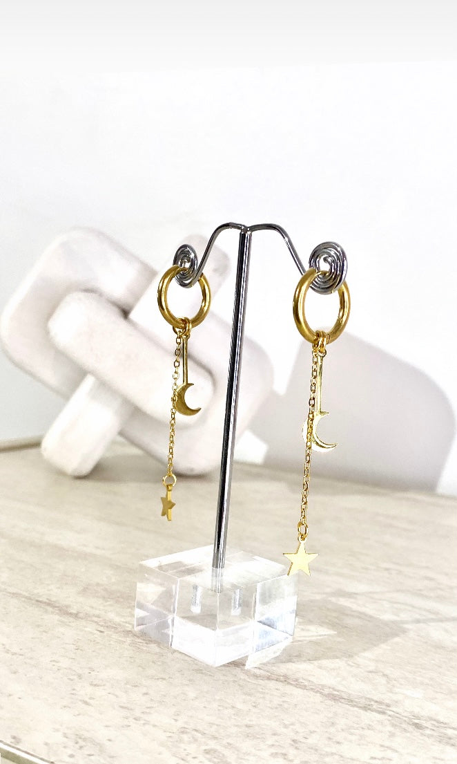 Boucles d’oreilles étoile lune Tombantes